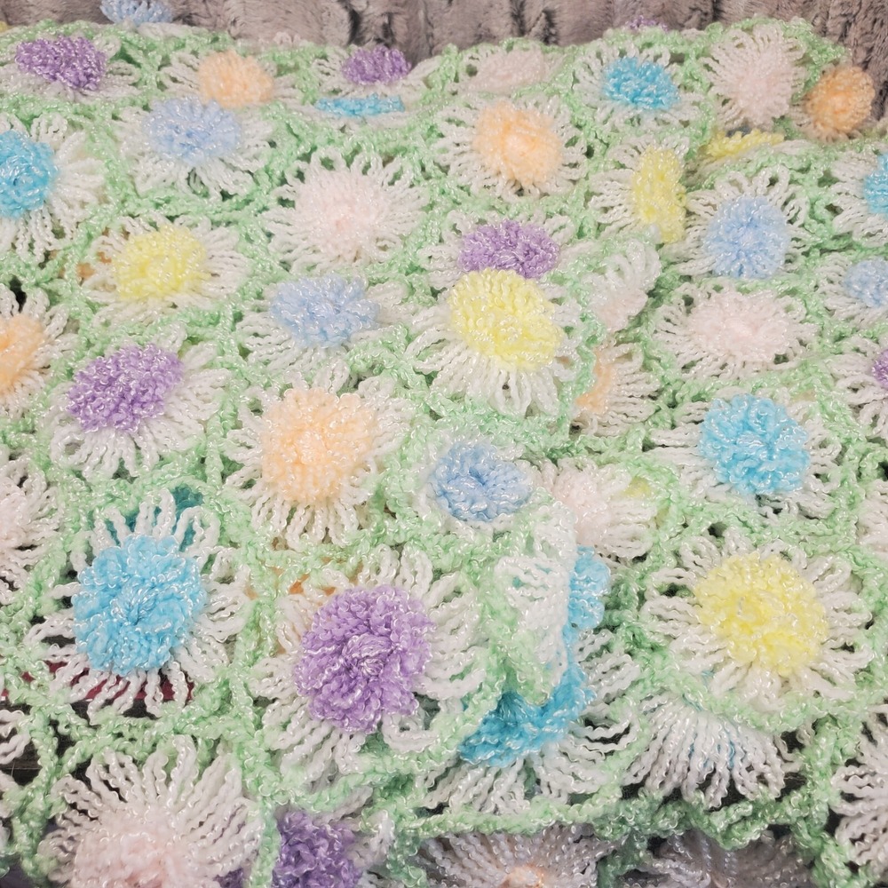 Detail Handmade Crochet Daisy Baby Blanket Pastel Pink Yellow Blue Green 42"X48"